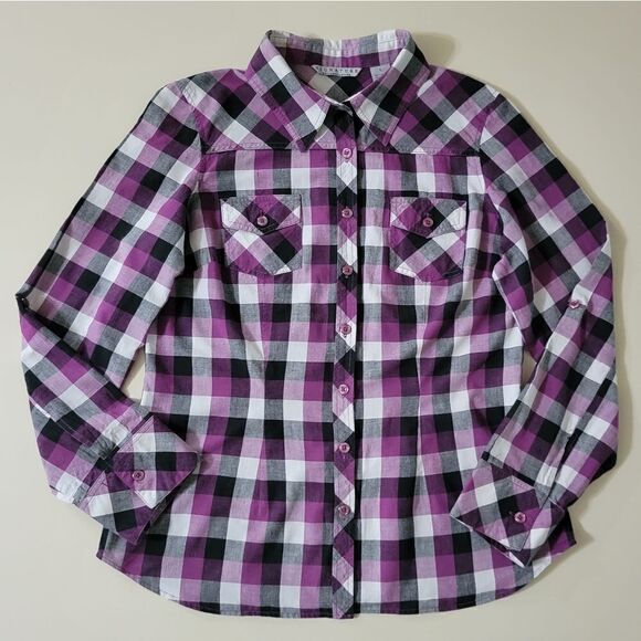 Signature by Larry Levine Purple & Black Plaid Button-Down Long Sleeve Shirt - Picture 1 of 16